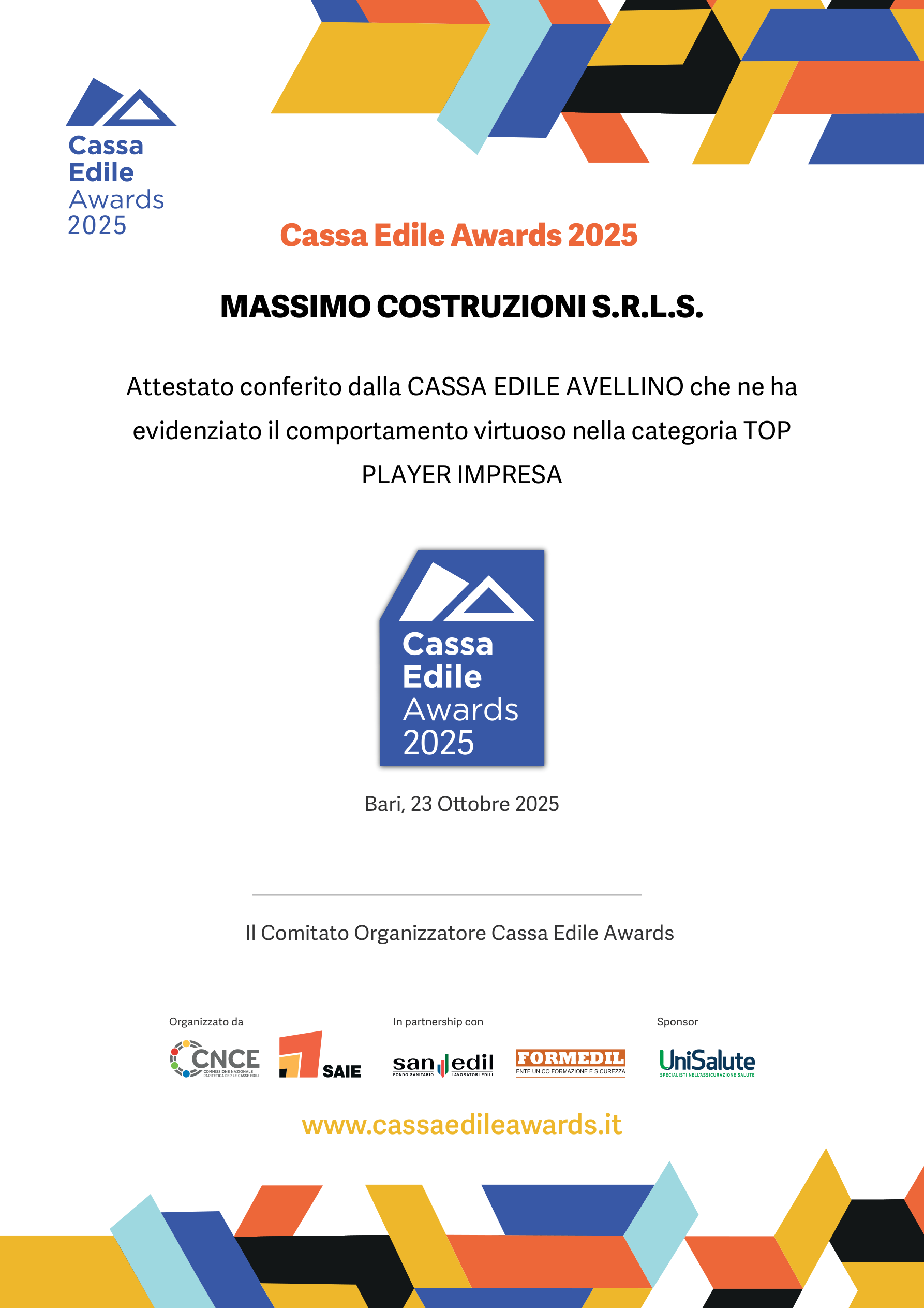Attestato Top Player Impresa – Cassa Edile Awards 2025